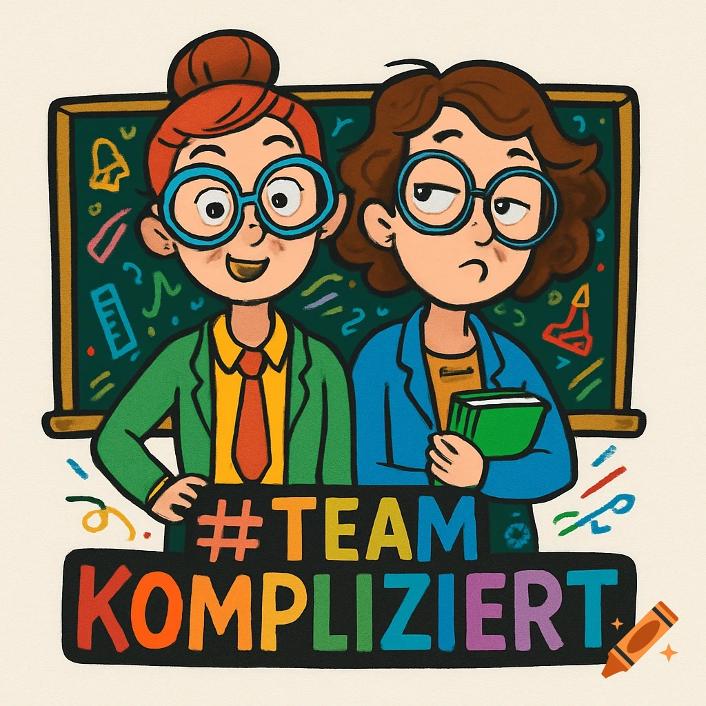 Cartoon illustration of two women teachers in glasses before a chalkboard. A banner displays '#TEAM KOMPLIZIERT' in colorful letters.