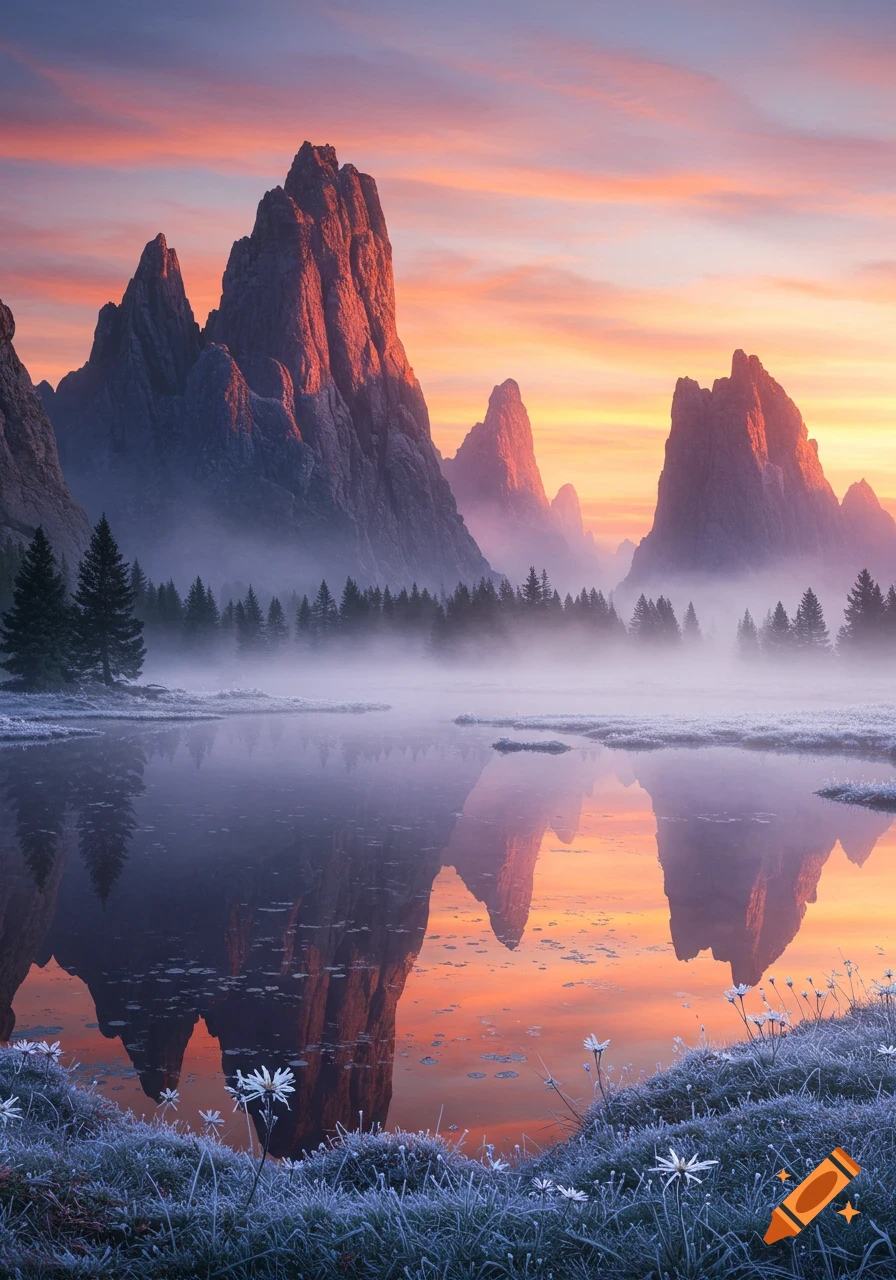 Dramatic sunset over misty mountains reflecting in a still lake, with frosted grass and white flowers in the foreground.