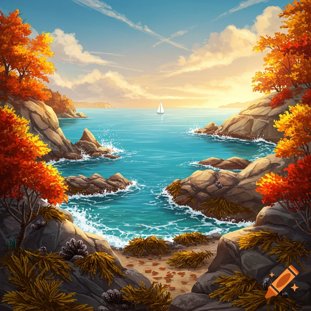 Vibrant illustration of an autumn seascape with rocky shores, colorful trees, and a sailboat on blue water.