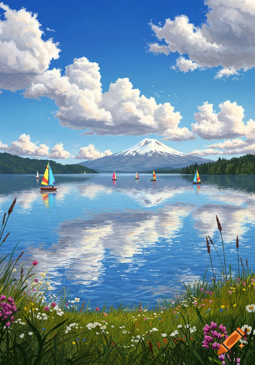Vibrant digital painting of sailboats on a lake with a snow-capped mountain, under a blue sky with fluffy clouds, and wildflowers.