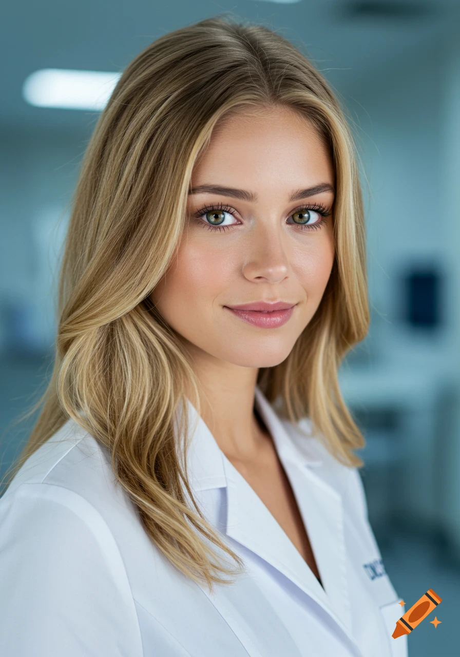 Head-and-shoulders portrait of a smiling young blonde woman with green eyes wearing a white lab coat.