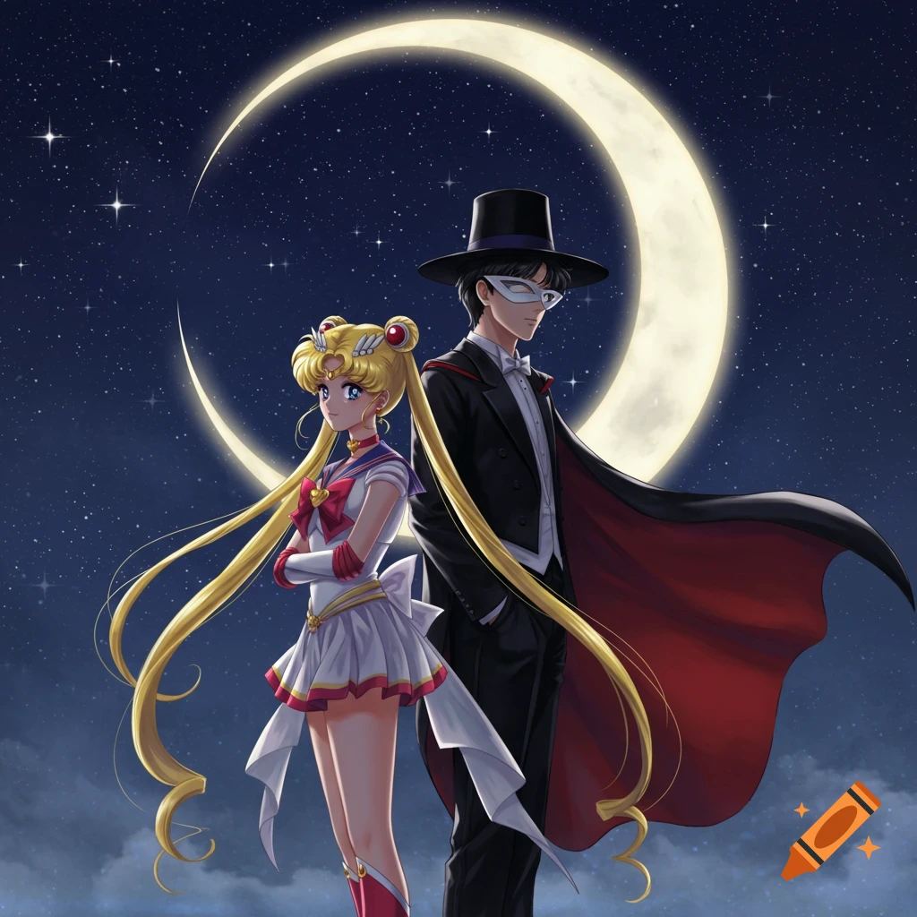 Sailor Moon and Tuxedo Mask stand together with a large crescent moon and starry night sky behind them, in an anime style.
