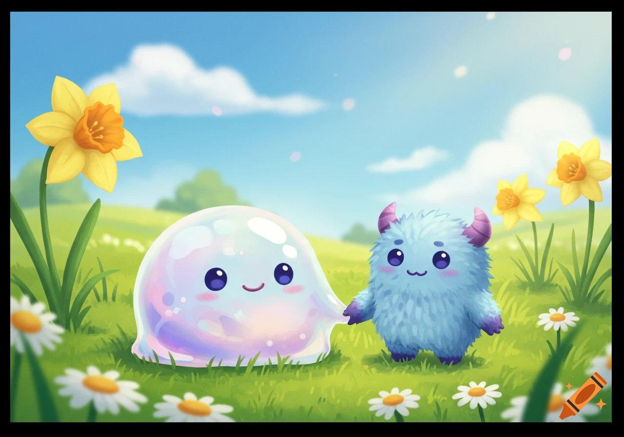 A cute iridescent slime and a fluffy blue monster holding hands in a sunny field with daffodils and daisies, in a 2D cartoon style.