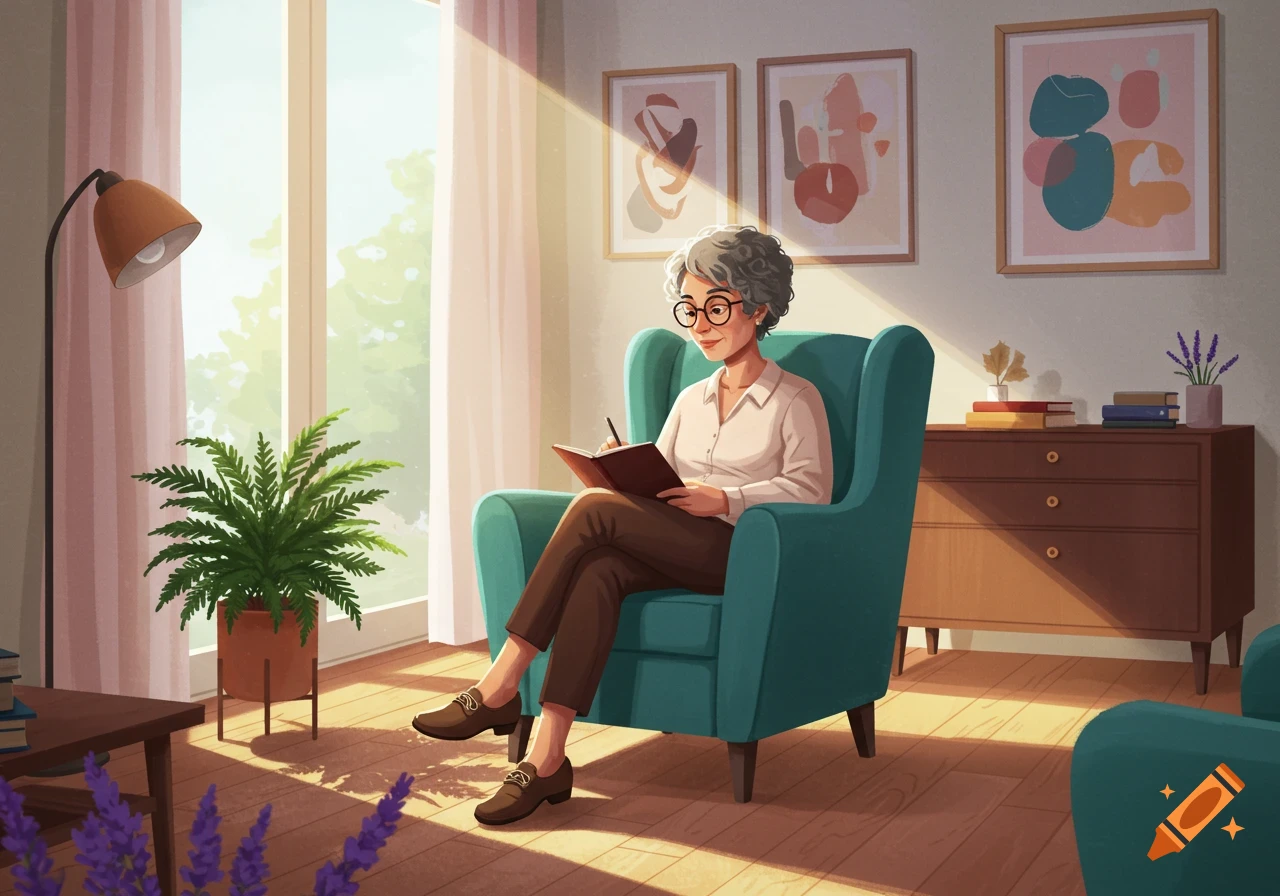Illustrated scene of an older woman with glasses sitting in a teal armchair, writing in a book in a sunlit living room with plants.