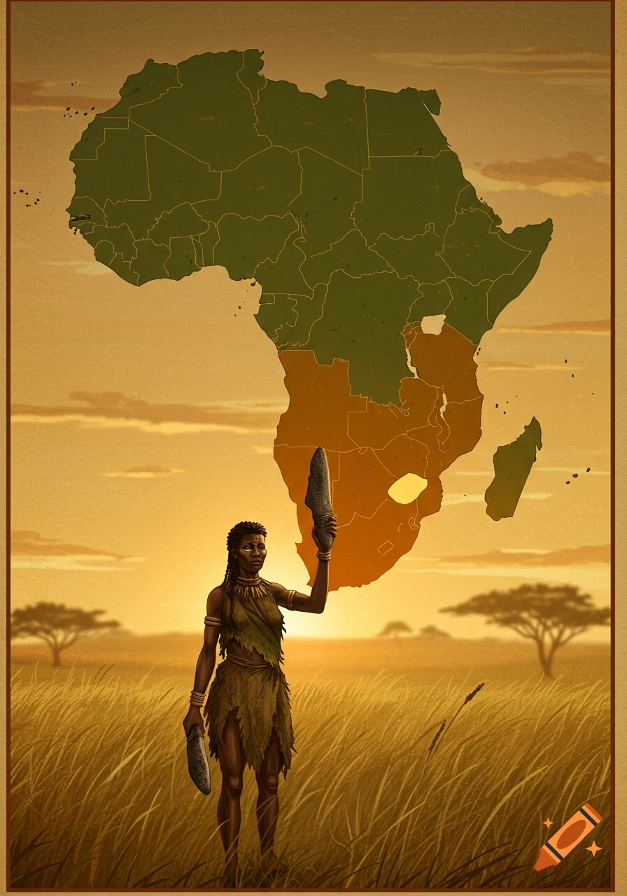 Illustration of a hunter-gatherer woman holding stone tools in a savanna, with a map of Africa behind her.