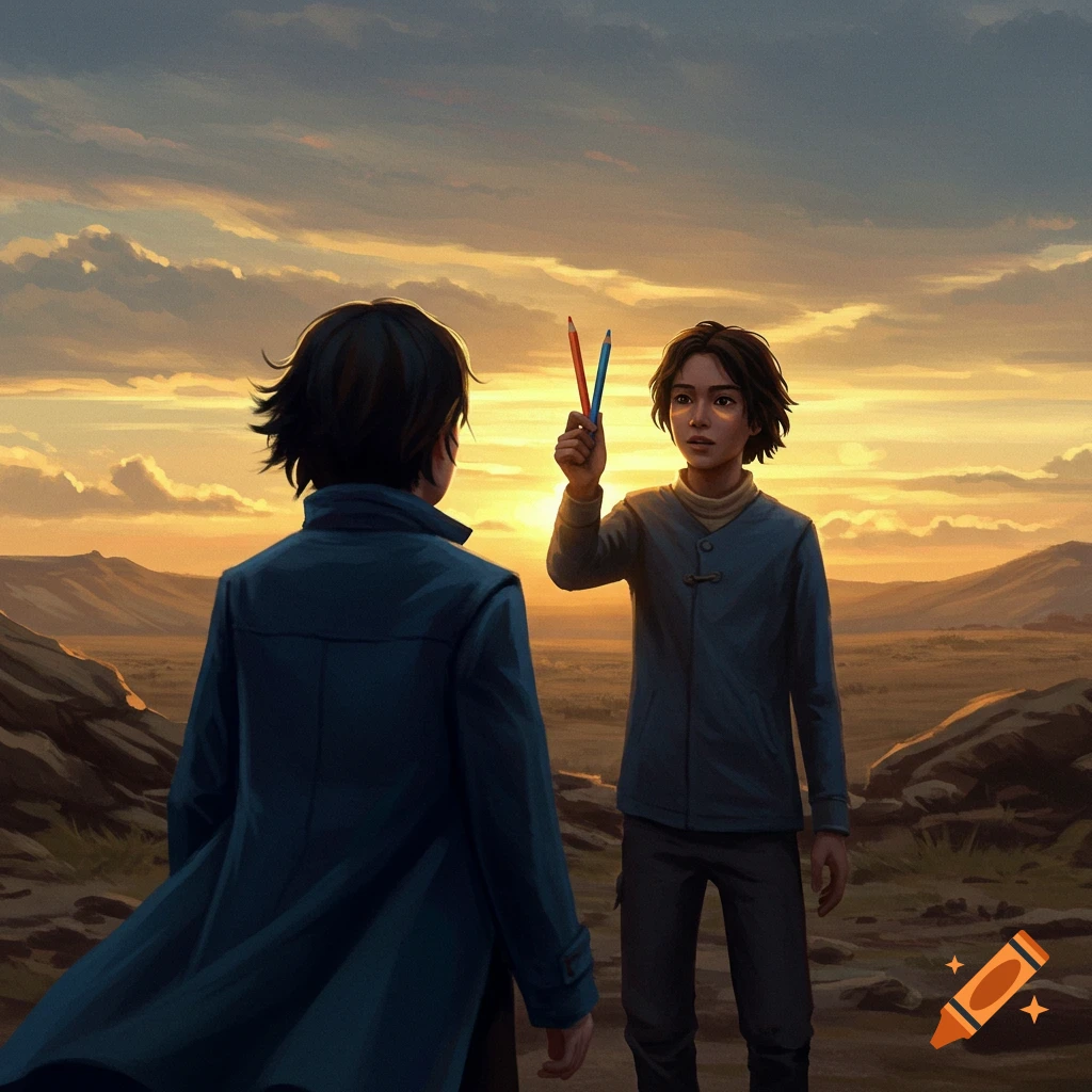 Two young people in a dramatic sunset landscape; one faces away, the other holds two colored pencils.