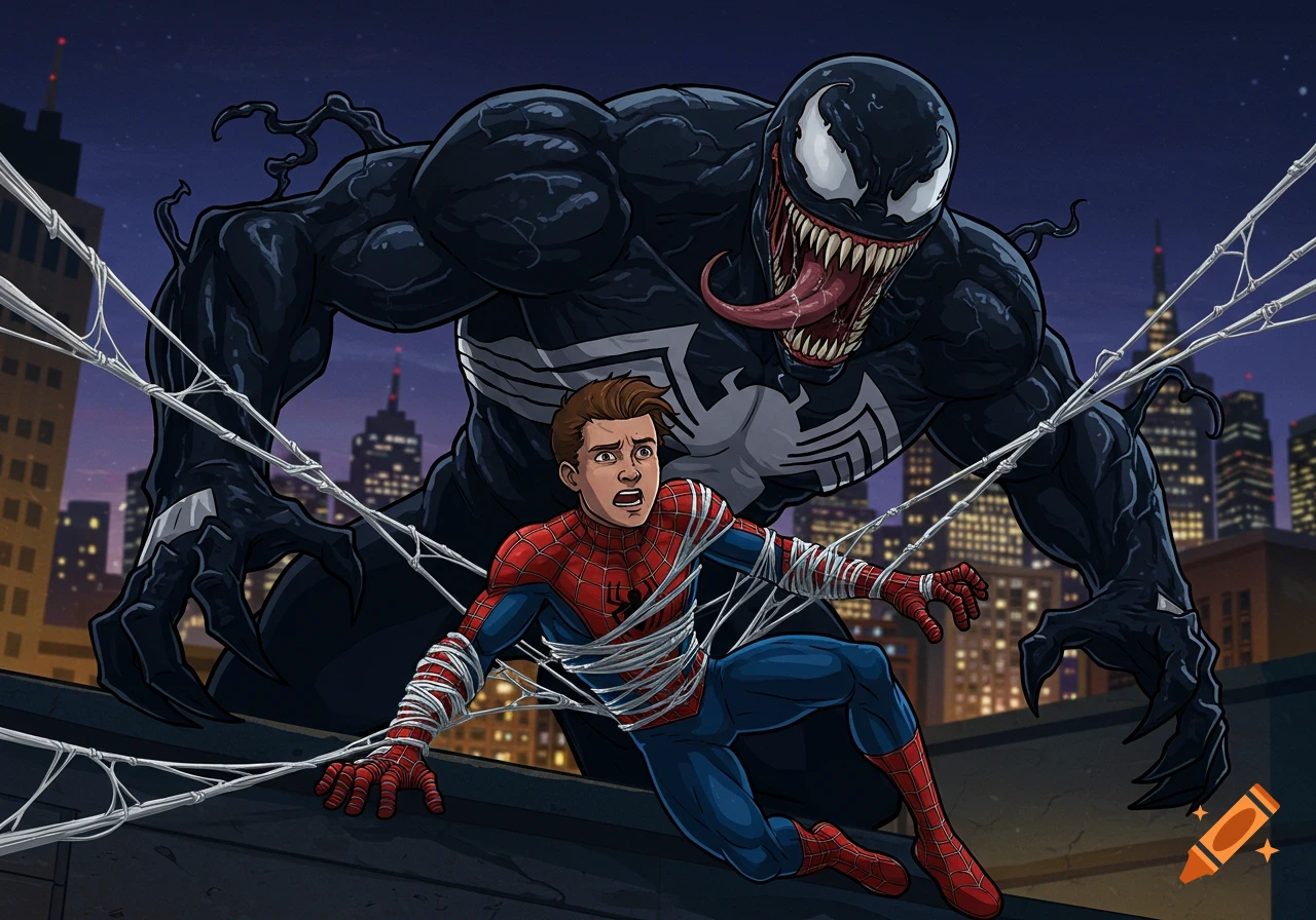 Spider-Man is caught in webbing on a rooftop at night, as a menacing Venom towers over him in 2D animated style.
