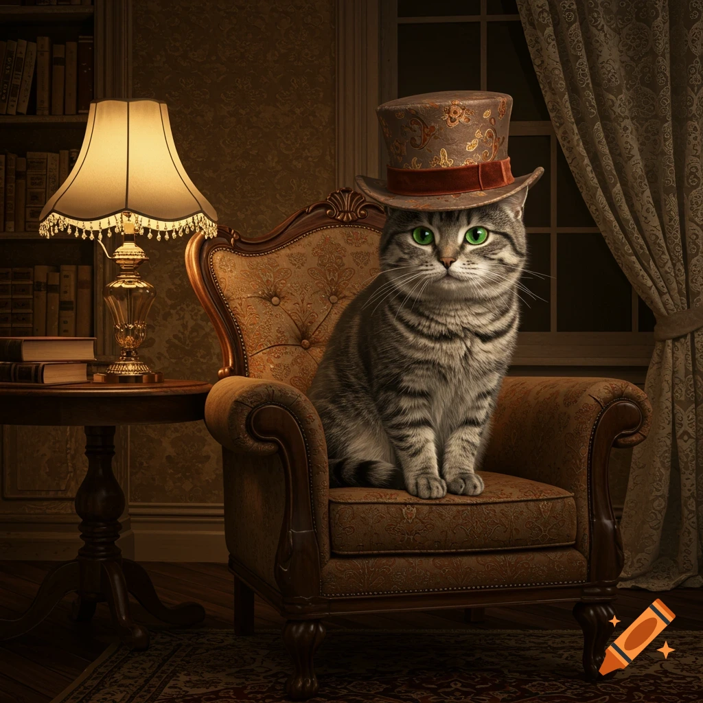 A photorealistic tabby cat with green eyes in a patterned top hat, sitting in an ornate armchair in a classic, warmly lit room.