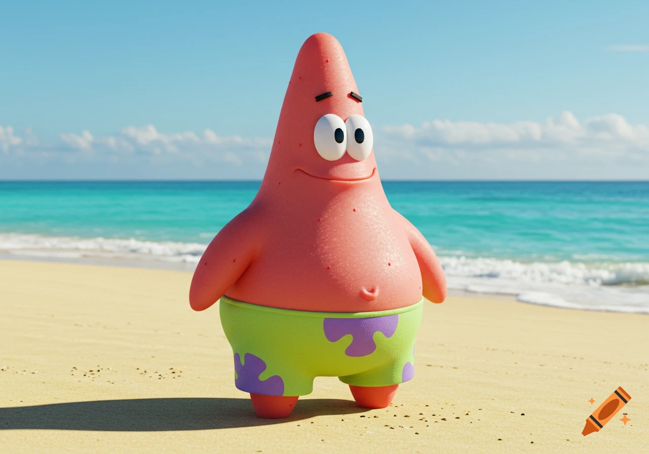 A 3D rendered Patrick Star, a pink starfish wearing green shorts, stands on a sandy beach with a blue ocean and sky.