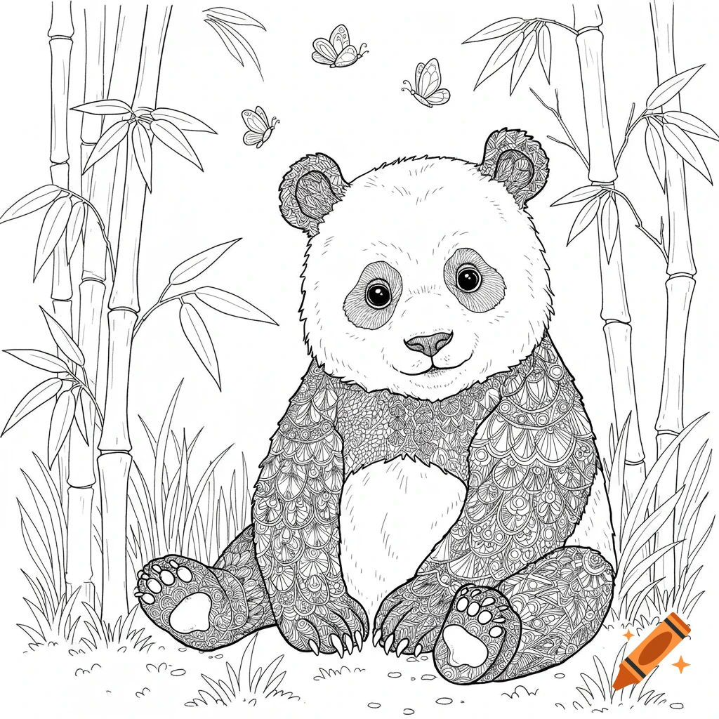 A cute baby panda line art coloring page, sitting in bamboo with butterflies.