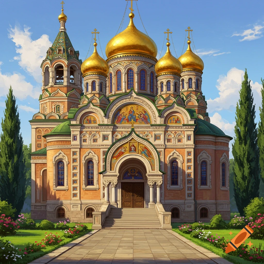 A colorful, stylized illustration of a grand Orthodox church with golden domes, green roofs, and an ornate facade, surrounded by a lush garden under a blue sky.