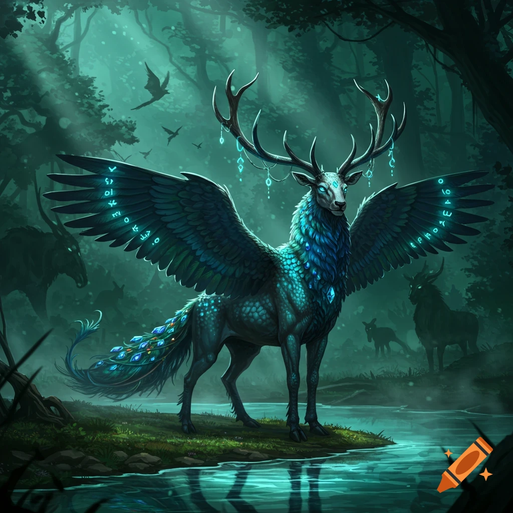 A majestic winged deer-like creature with glowing blue fur and antlers stands by a river in a dark, mystical forest.