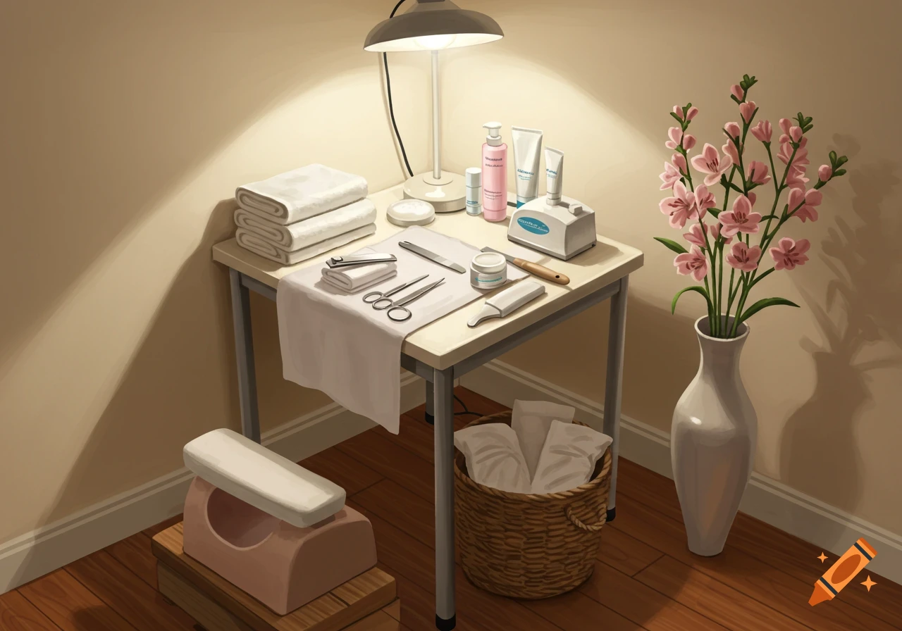 A cozy corner with a table set for professional foot care, featuring towels, tools, creams, a lamp, and a vase of pink flowers in an illustrated style.