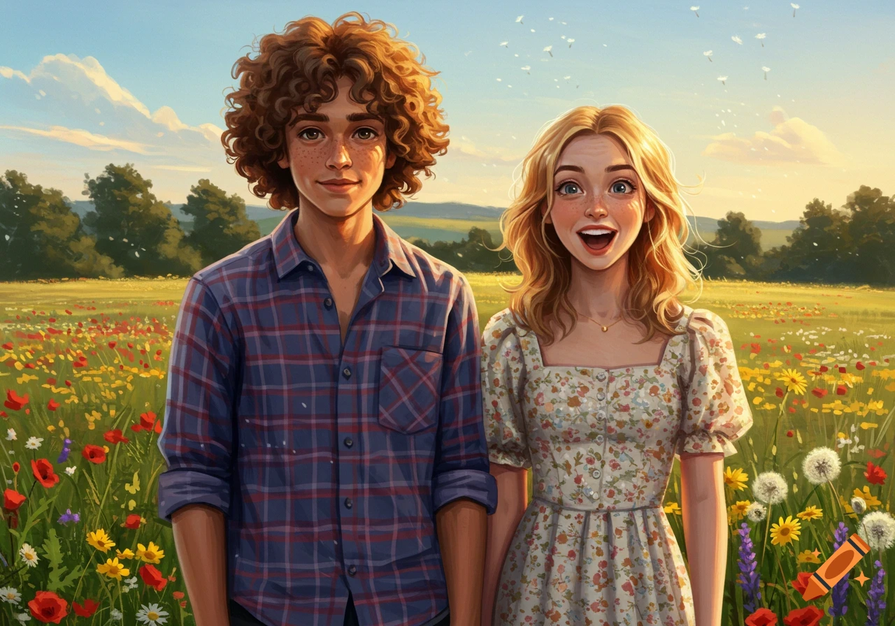 A stylized illustration of a smiling boy and a surprised girl standing in a sunny wildflower field.