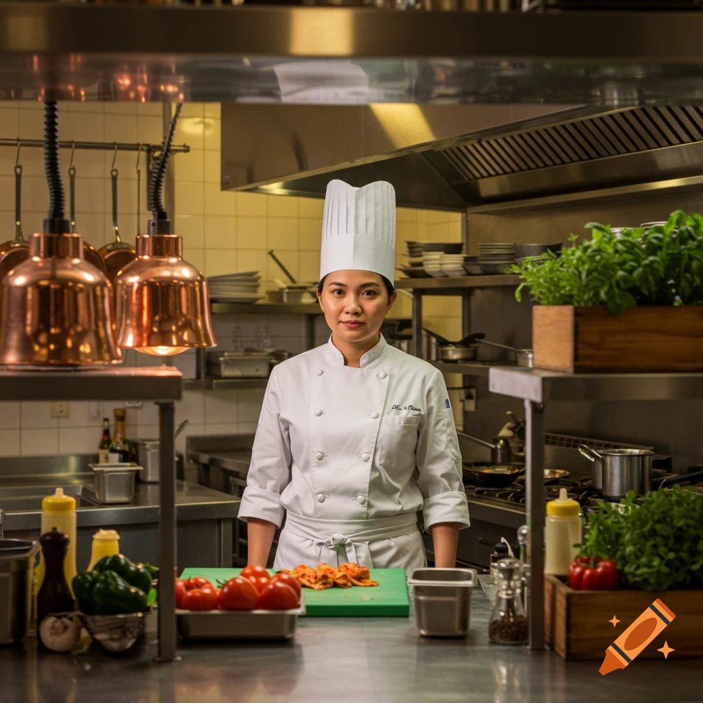 A female Filipina chef in a white uniform stands in a professional kitchen behind a counter with fresh vegetables.