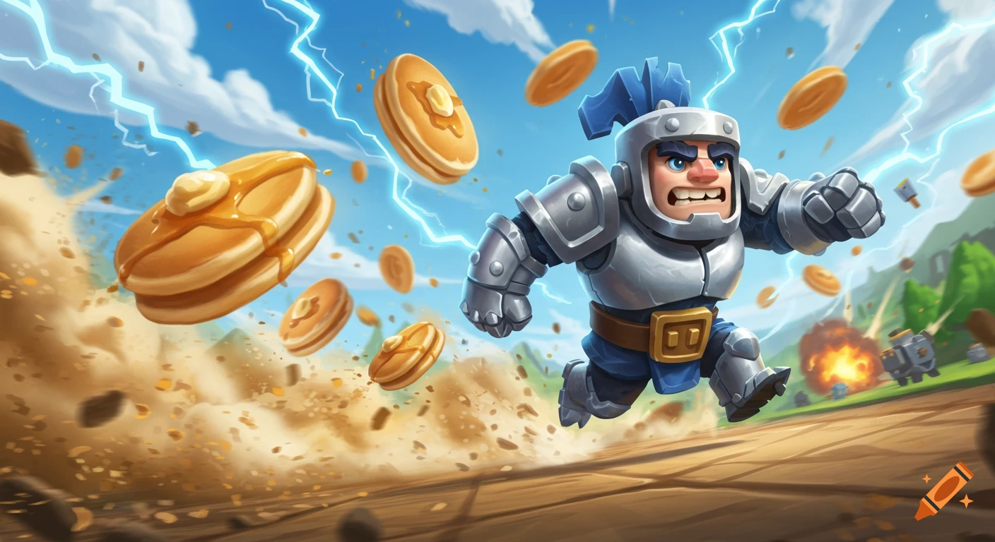 A cartoon knight in silver and blue armor runs across a battlefield as lightning strikes and pancakes fly around him.