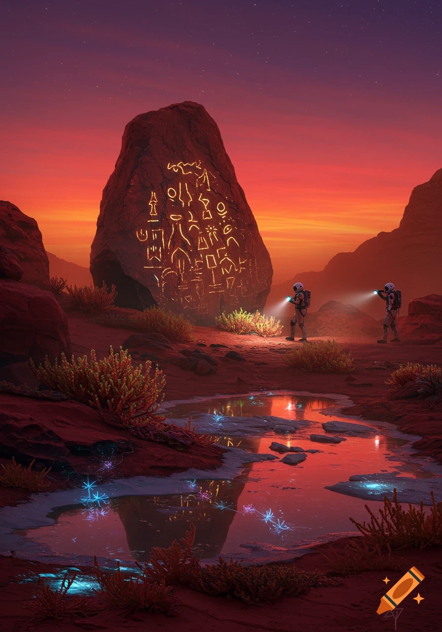 Astronauts explore a red Martian landscape, observing glowing alien symbols on a large rock and phosphorescent plants by a reflective puddle.