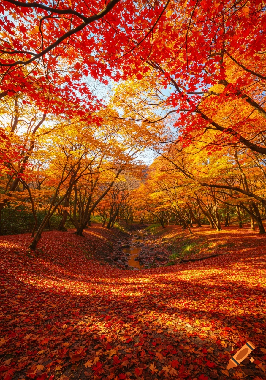 Vibrant autumn forest with red and orange maple leaves covering the ground and trees, a stream flowing through a gulley.