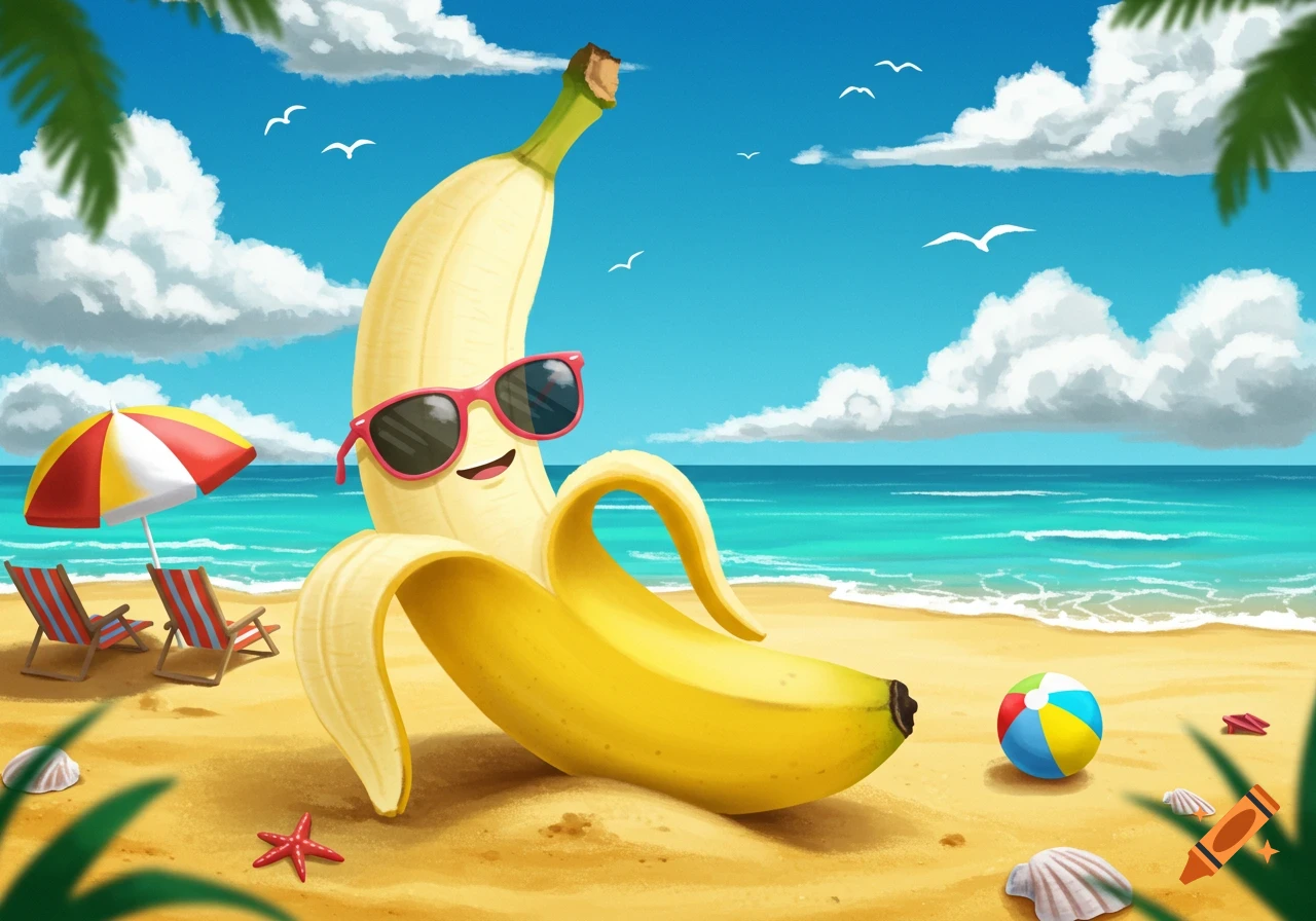 A happy cartoon banana wearing sunglasses lounges on a sandy beach with an umbrella, beach chairs, and ocean in the background.