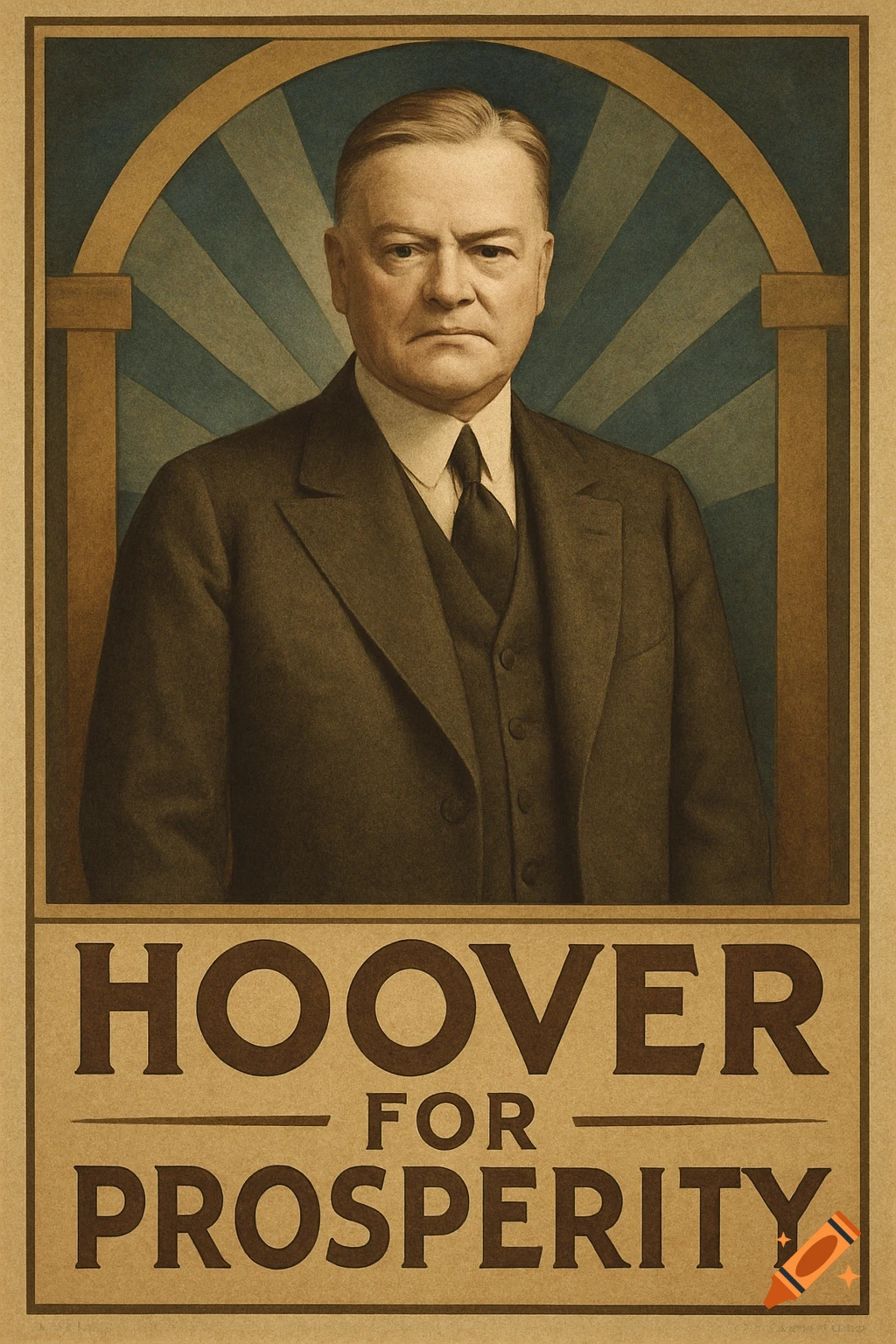 A vintage-style political poster for 'HOOVER FOR PROSPERITY' featuring a stern-faced man in a suit.