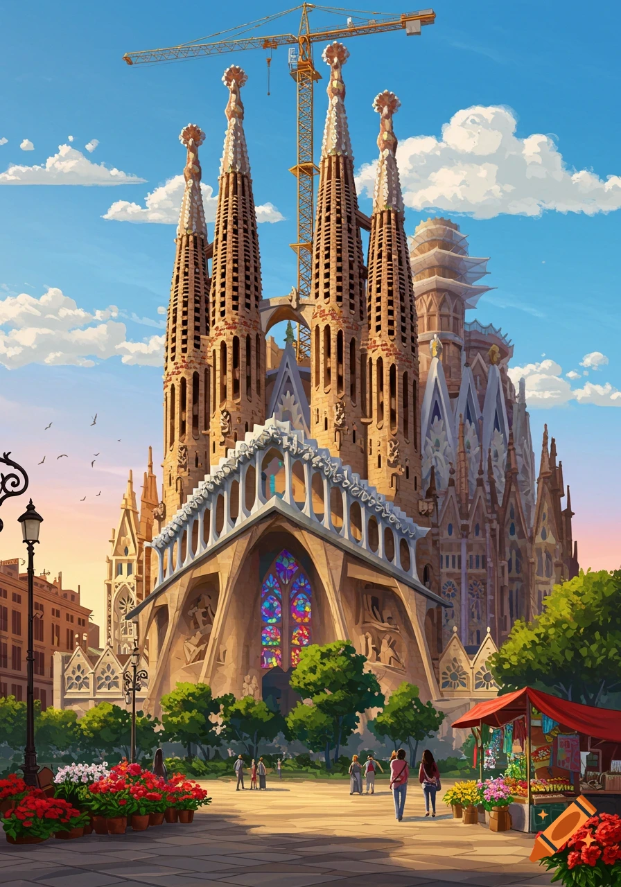 Colorful illustration of the Sagrada Familia basilica with a construction crane, blue sky, and a bustling street market in Barcelona.