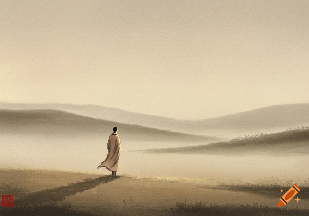 A lone figure in traditional robes stands facing a misty, mountainous landscape in a serene ink wash painting.