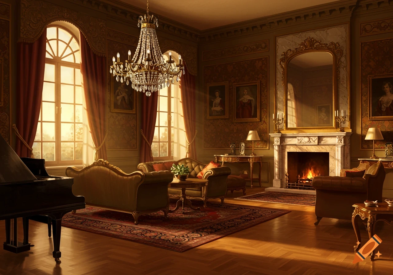 A grand, opulent living room with a crystal chandelier, fireplace, ornate furniture, and a piano bathed in sunlight.