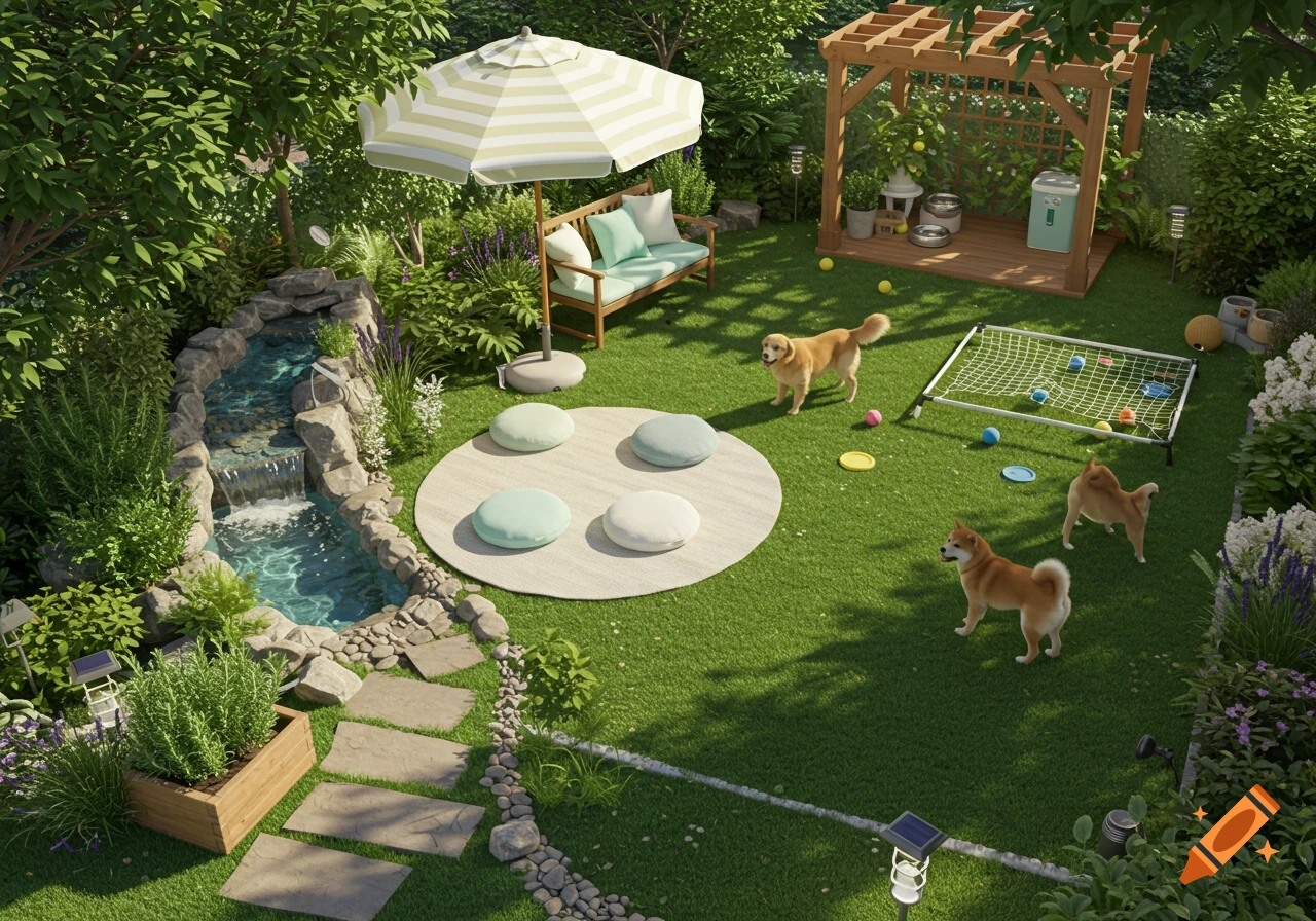 A photorealistic elevated view of a lush green garden with a waterfall, pergola, seating, playful dogs, and dog toys on the grass.