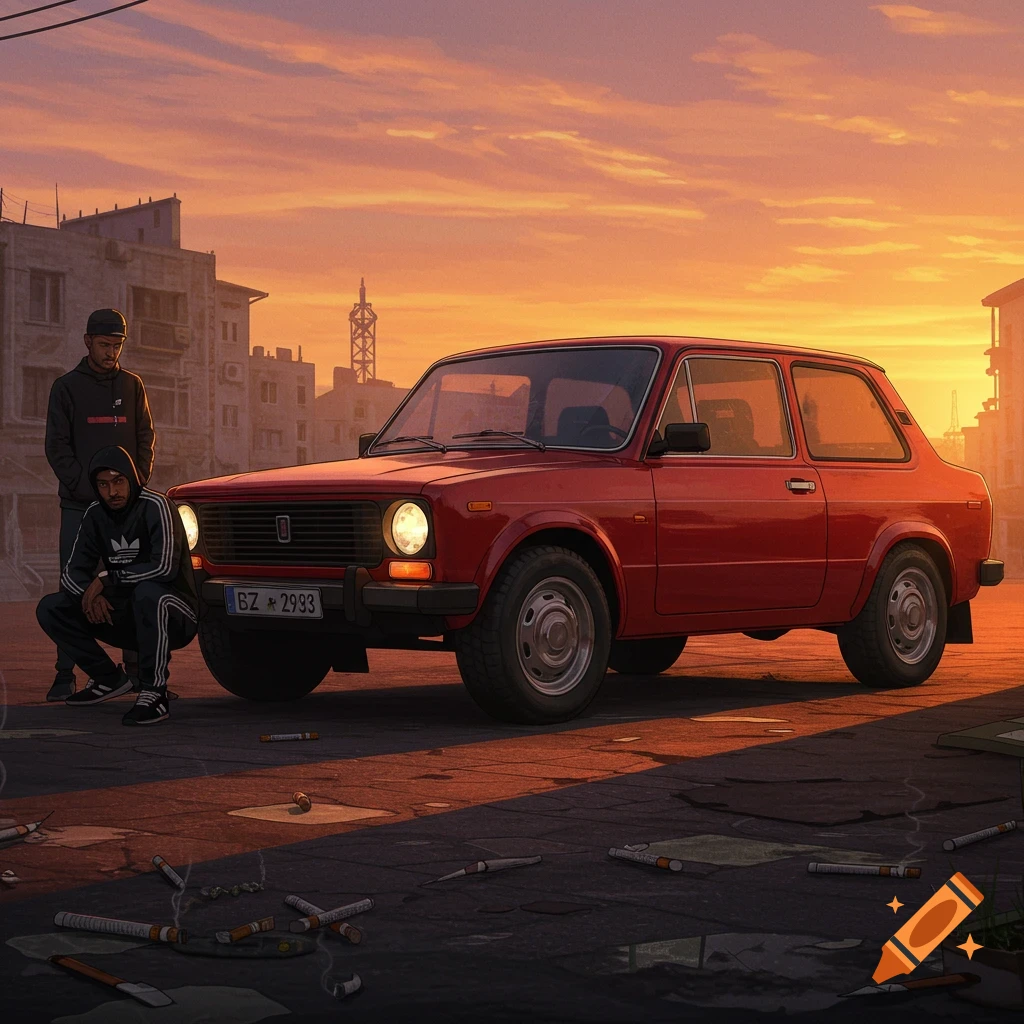 Two men in tracksuits with a red vintage car in an urban street at sunset, digital art.