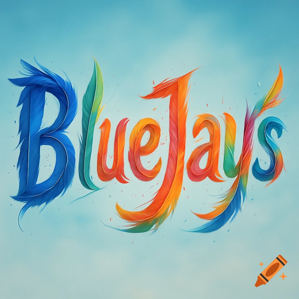 The word 'BlueJays' rendered with vibrant, feather-like, colorful letters against a light blue background.