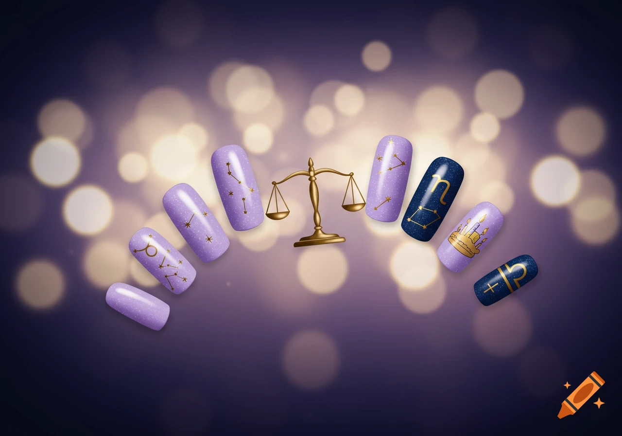 Purple and blue nails with gold zodiac and constellation designs, and a birthday cake, surround a golden scale on a blurred purple background.