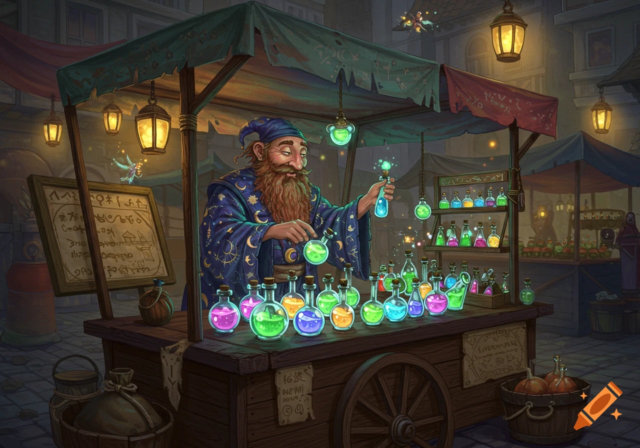 A bearded wizard in a blue robe adorned with stars and moons sells glowing magic potions at a bustling market stall.