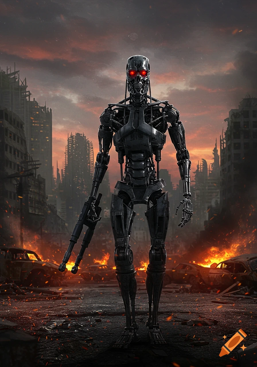 A menacing dark gray robot with glowing red eyes stands amidst a burning, ruined cityscape under a dark, smoke-filled sky.