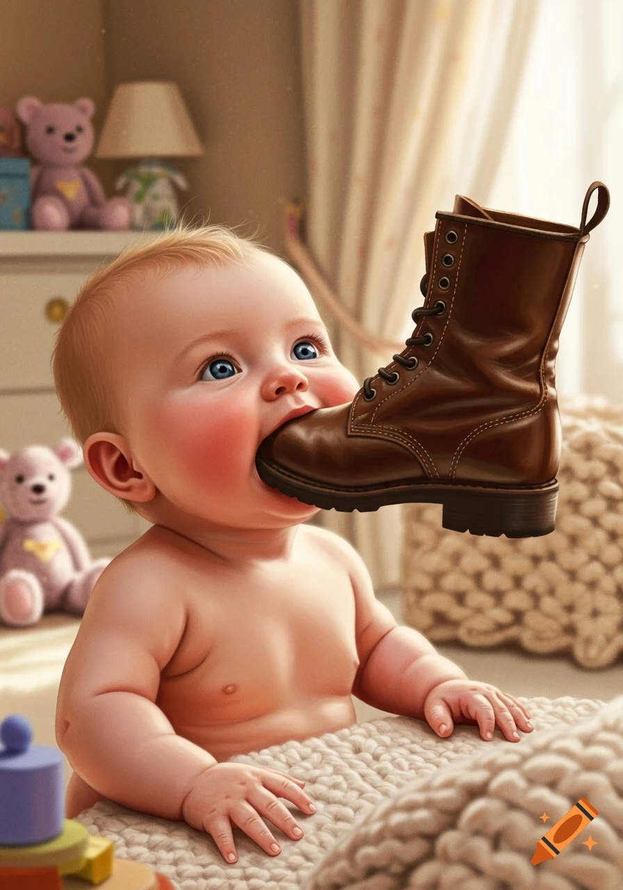 A photorealistic baby with blue eyes and rosy cheeks playfully bites a brown leather boot in a cozy nursery.