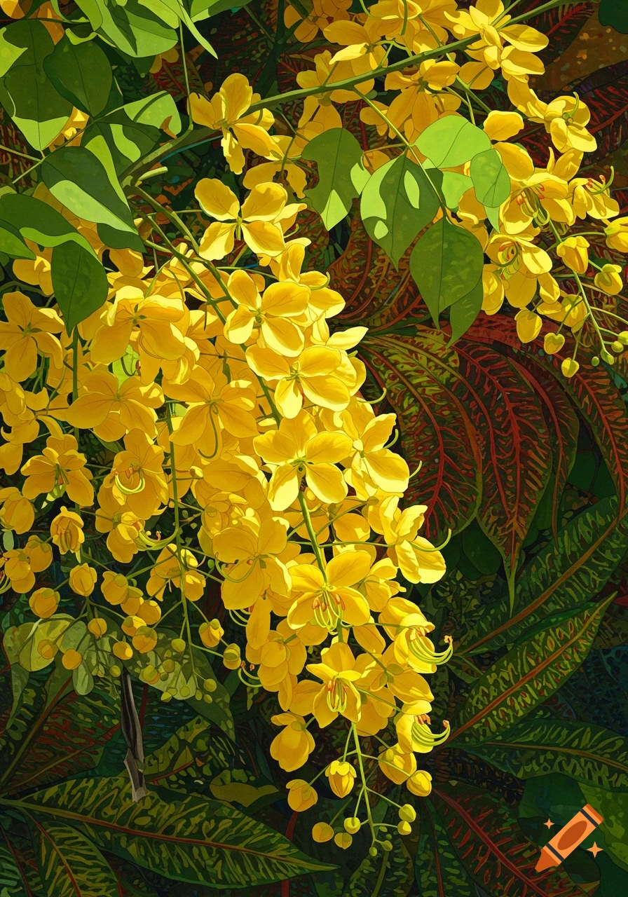 Vibrant illustration of yellow cassia flowers cascading over patterned green and red leaves.