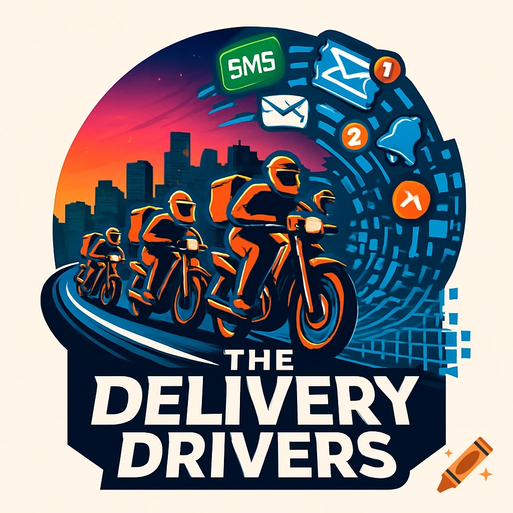 A vibrant logo shows three delivery drivers on motorcycles against a city skyline, surrounded by notification icons like SMS and email. Text reads 'THE DELIVERY DRIVERS'.