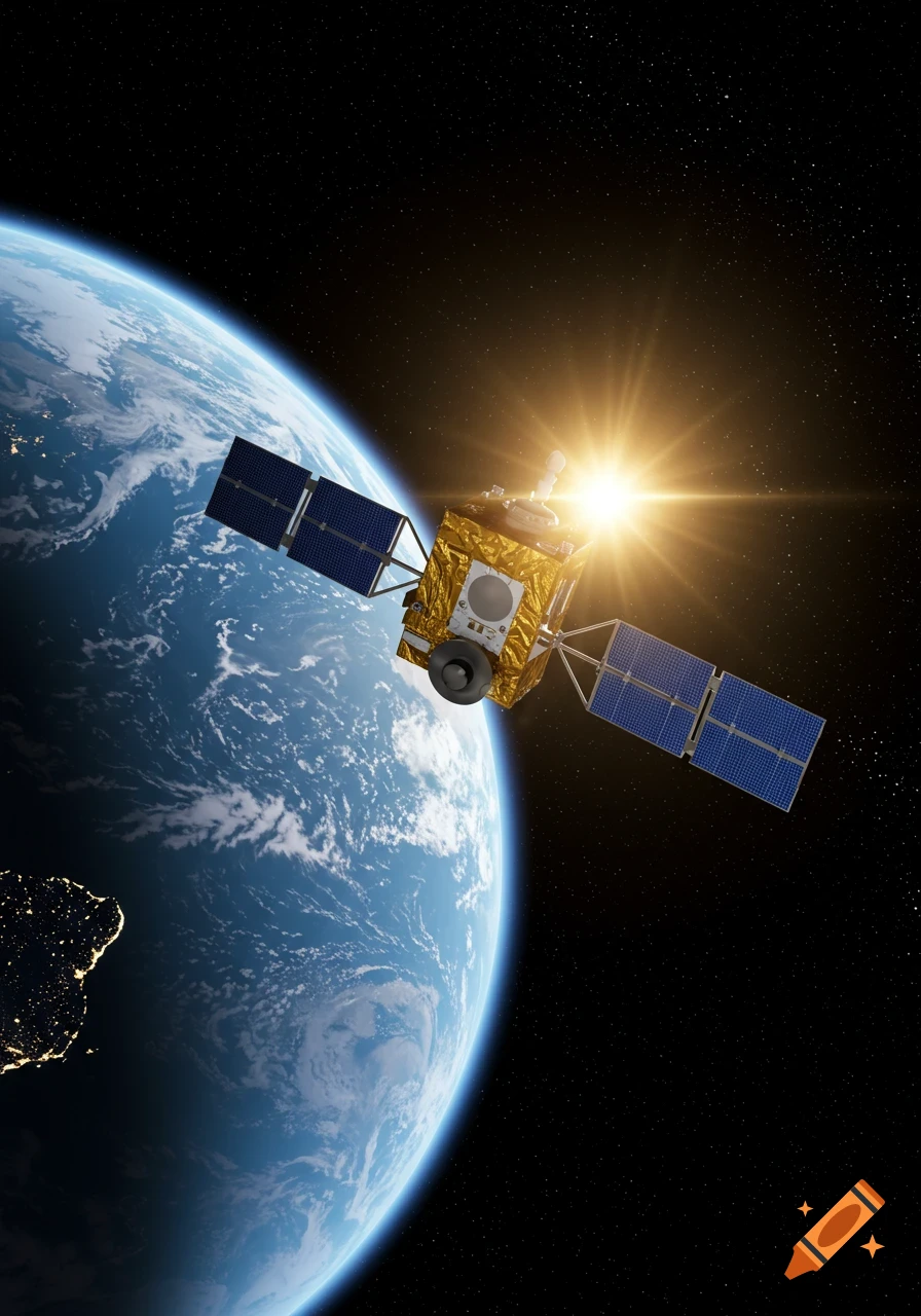 A gold and blue satellite with solar panels orbits the blue and white Earth, illuminated by a bright sun in the dark, starry expanse of space.