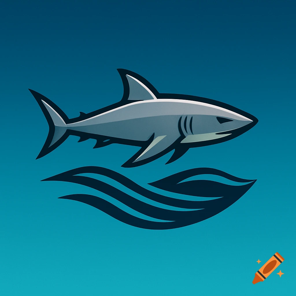 Stylized gray shark logo swimming above dark blue waves against a blue background.