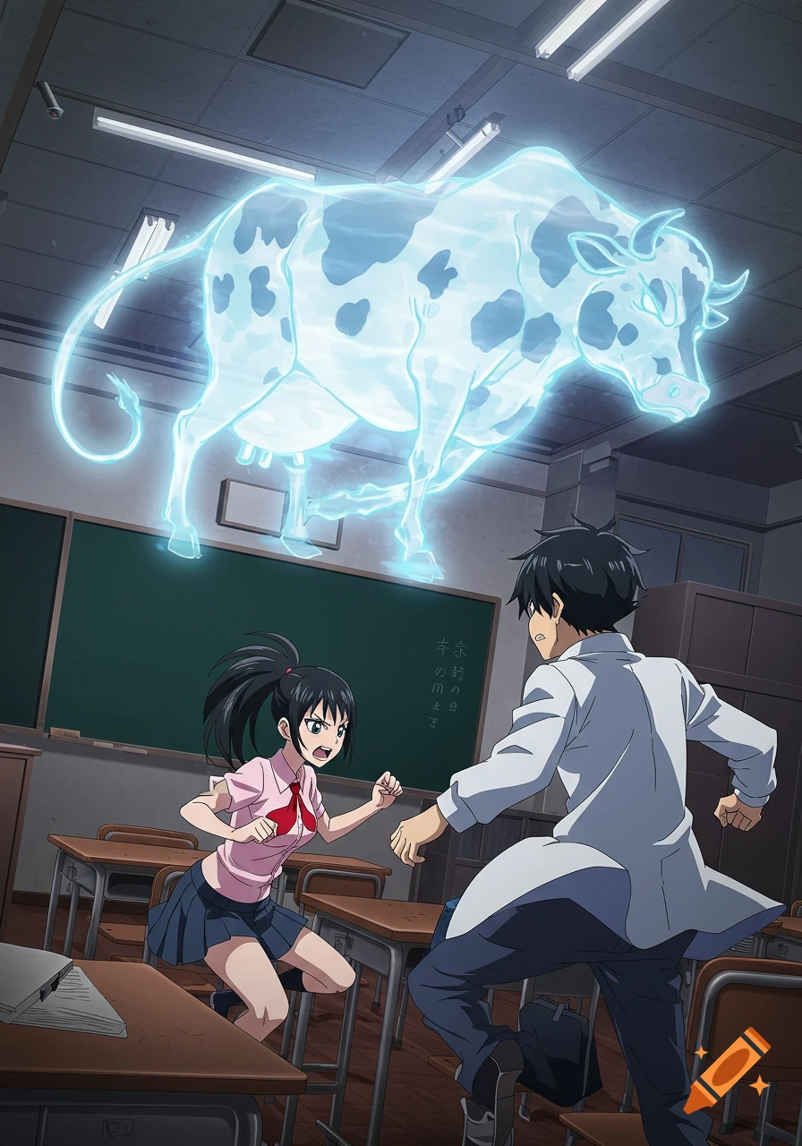Anime students Momo and Okarun confront a glowing phantom cow in a classroom, depicted in a dynamic supernatural style.