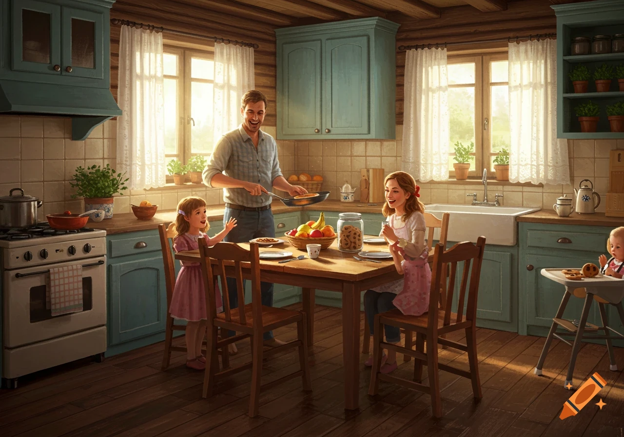 A happy family in a rustic kitchen, with a dad cooking pancakes, a mom, and two young children around a wooden table.