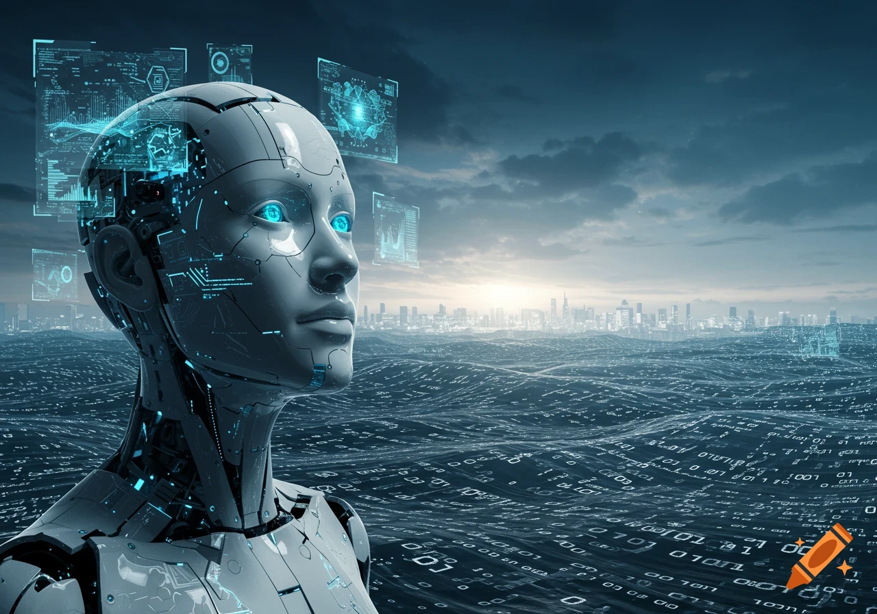 A futuristic android head with glowing blue eyes looks towards a cityscape at sunset, with a wavy landscape of binary code and holographic data screens.