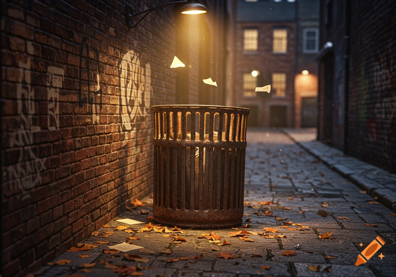 A rusty trash can in a dark brick alley, lit by a single overhead lamp, with leaves and floating papers.