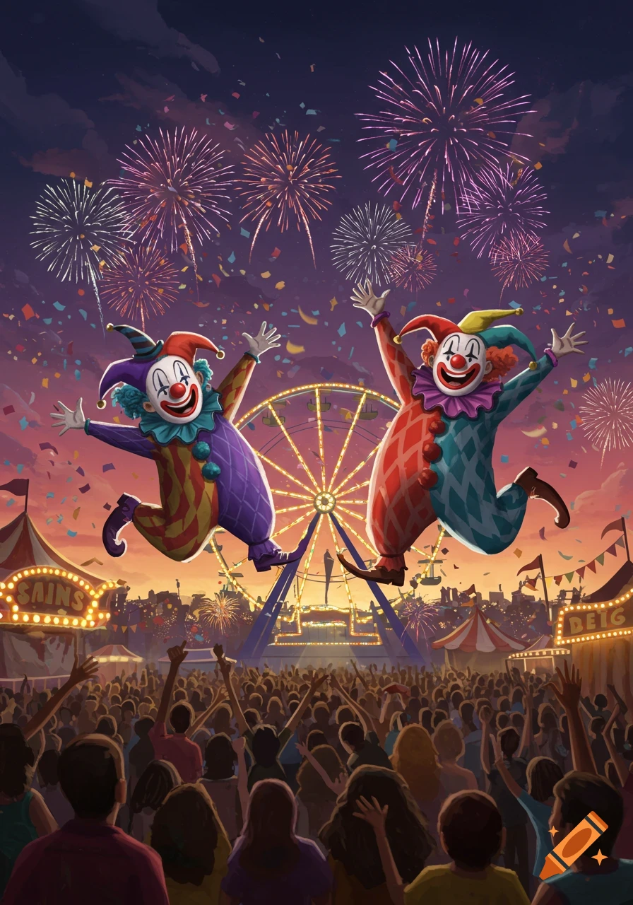 A colorful illustration of two joyful clowns leaping above a bustling carnival crowd with a Ferris wheel and fireworks in the night sky.