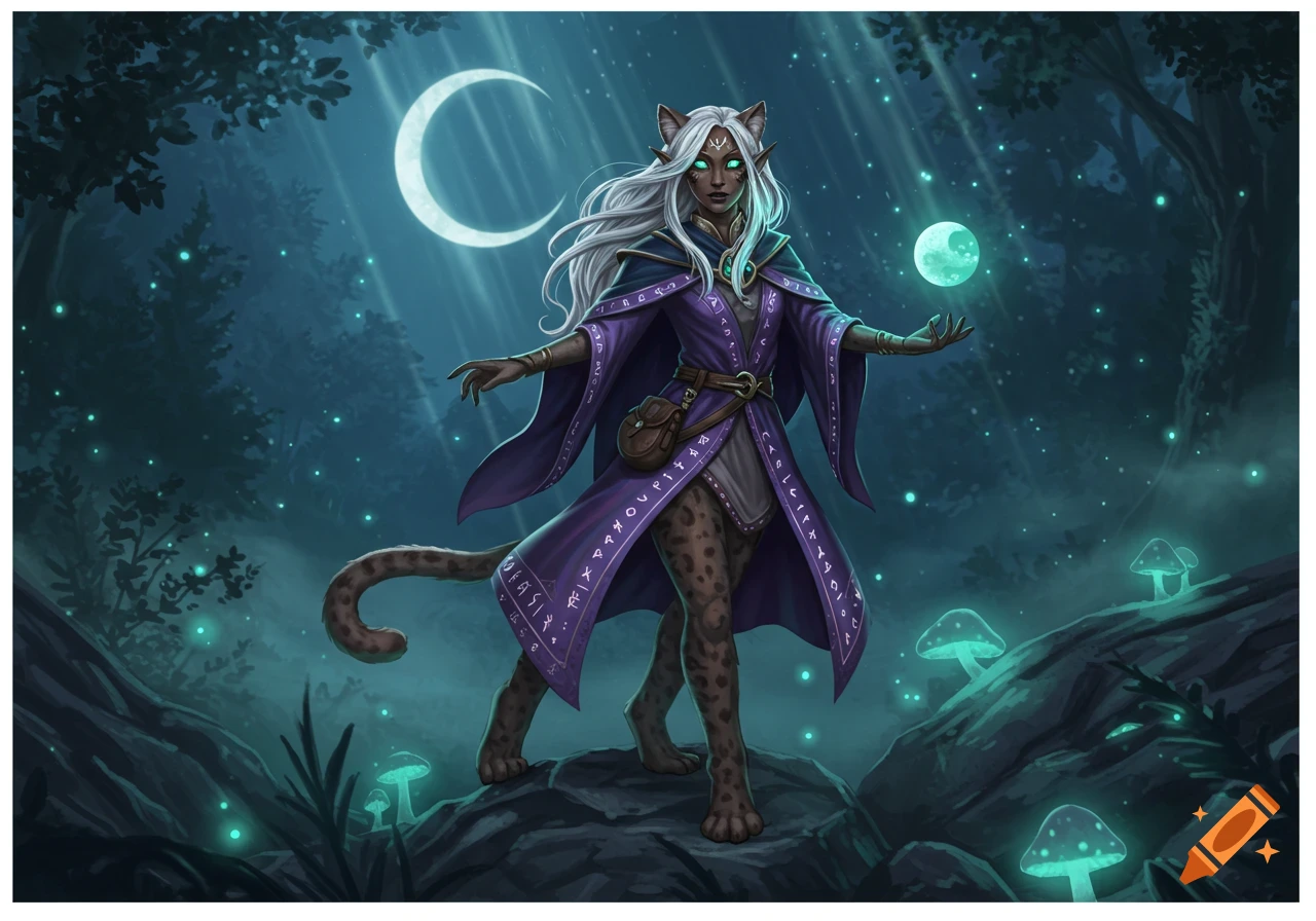 A dark-skinned cat-elf sorceress with white hair and glowing eyes stands in a magical moonlit forest, holding a glowing orb.