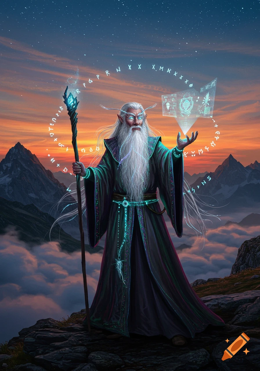 An old elf-like wizard with a white beard and glowing eyes stands on a mountain peak, holding a magical staff and holographic display at sunset.