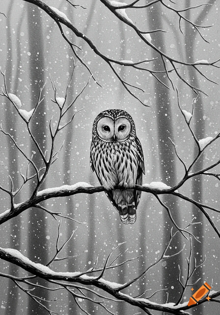 A detailed black and white drawing of an owl perched on a snowy branch in a forest during a snowfall.