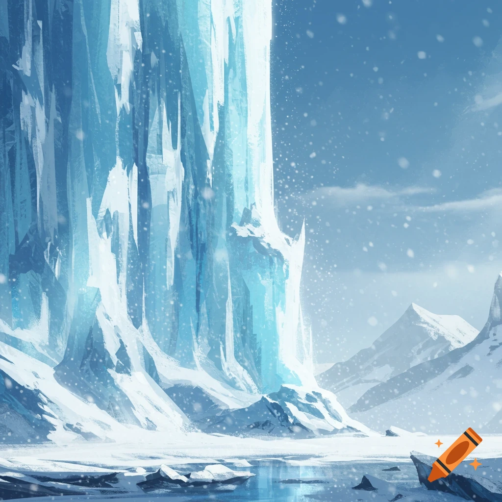 A majestic, towering blue ice wall dominates a snowy winter landscape with distant mountains under a light snowfall. Digital painting.