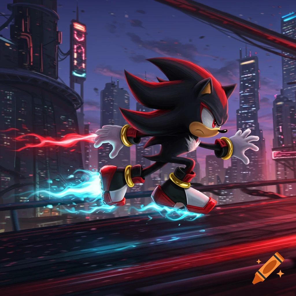 Shadow the Hedgehog speeds through a futuristic city at night, leaving red and blue energy trails.