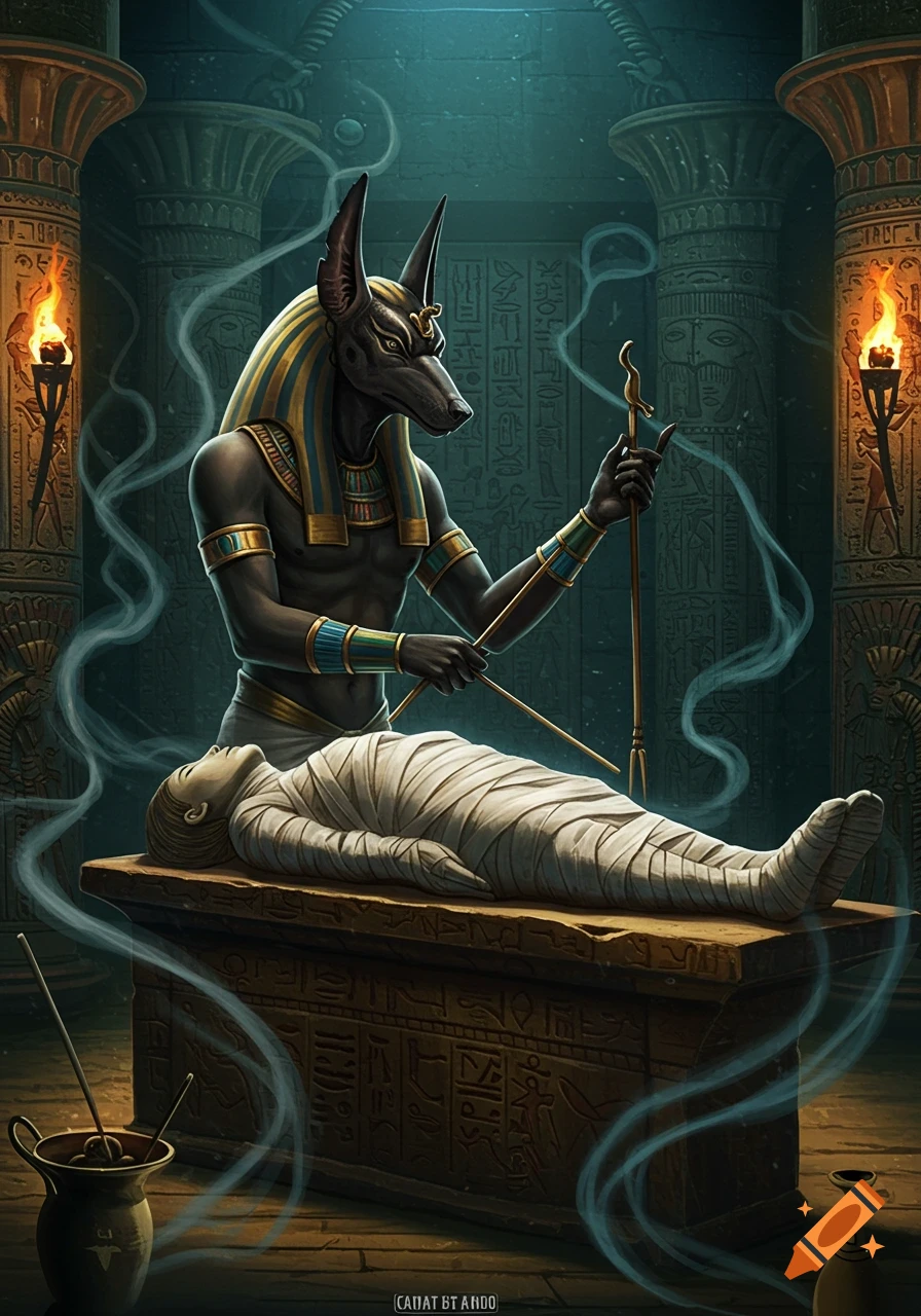 Anubis, the jackal-headed god, performs mummification on a body in a torchlit ancient Egyptian tomb, detailed digital art.
