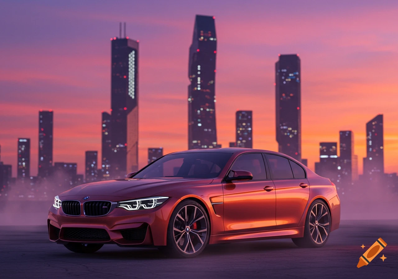 A red BMW M3 sedan parked on a street against a vibrant orange and purple sunset city skyline.